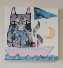 Load image into Gallery viewer, Wall Art, Picture, Decor, Painting, Sailing Cat, Wood Grain Box 15.5" x 15.5" x 1.5"
