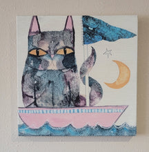 Load image into Gallery viewer, Wall Art, Picture, Decor, Painting, Sailing Cat, Wood Grain Box 15.5" x 15.5" x 1.5"