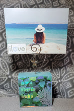 Load image into Gallery viewer, Photo Block Clip with Starfish Charm & "Home is Where the Beach is" Wood Grain