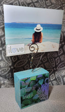 Load image into Gallery viewer, Photo Block Clip with Starfish Charm & "Home is Where the Beach is" Wood Grain