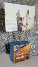 Load image into Gallery viewer, Photo Block Clip with Seahorse Charm & "Seashores on my mind" Wood Grain