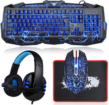 Load image into Gallery viewer, Gaming Keyboard, Mouse, & Headset, Crack Backlit 3 Colors Wired Gaming Combo. Light up Gaming Headset with Mic, 50mm Speaker Driver for PC