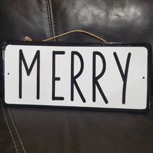Load image into Gallery viewer, Christmas Home & Hearth Black/White MERRY license plate sign, Jaclyn Smith collection