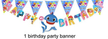Load image into Gallery viewer, Shark Party Supplies Set & Tableware kit - Perfect for Birthday Party Decorations - Includes Plates, Napkins, Cups, Straws, Cutlery - READ