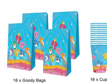 Load image into Gallery viewer, Shark Party Supplies Set & Tableware kit - Perfect for Birthday Party Decorations - Includes Plates, Napkins, Cups, Straws, Cutlery - READ