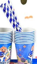 Load image into Gallery viewer, Shark Party Supplies Set & Tableware kit - Perfect for Birthday Party Decorations - Includes Plates, Napkins, Cups, Straws, Cutlery - READ