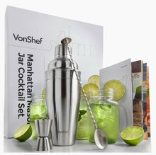 Load image into Gallery viewer, VonShef Stainless Steel Manhattan Cocktail Set includes 4 x Mason Jars, Twisted Bar Spoon, Strainer Lid, 0.5oz / 1oz Measuring Jigger, 18.5oz Shaker, & recipe guide