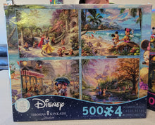 Load image into Gallery viewer, Ceaco Thomas Kinkade The Disney Collection 4 in 1 Multipack Snow White, Mickey &amp; Minnie Mouse, &amp; Pocahontas Jigsaw Puzzles, (4) 500 Pieces
