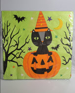 Halloween 13 inch Napkins, 18-pack with Cat in Pumpkin on Green Napkin