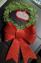 Load image into Gallery viewer, Mini Christmas Tree wreath, 5" with Red Sparkle Bow w/Garland
